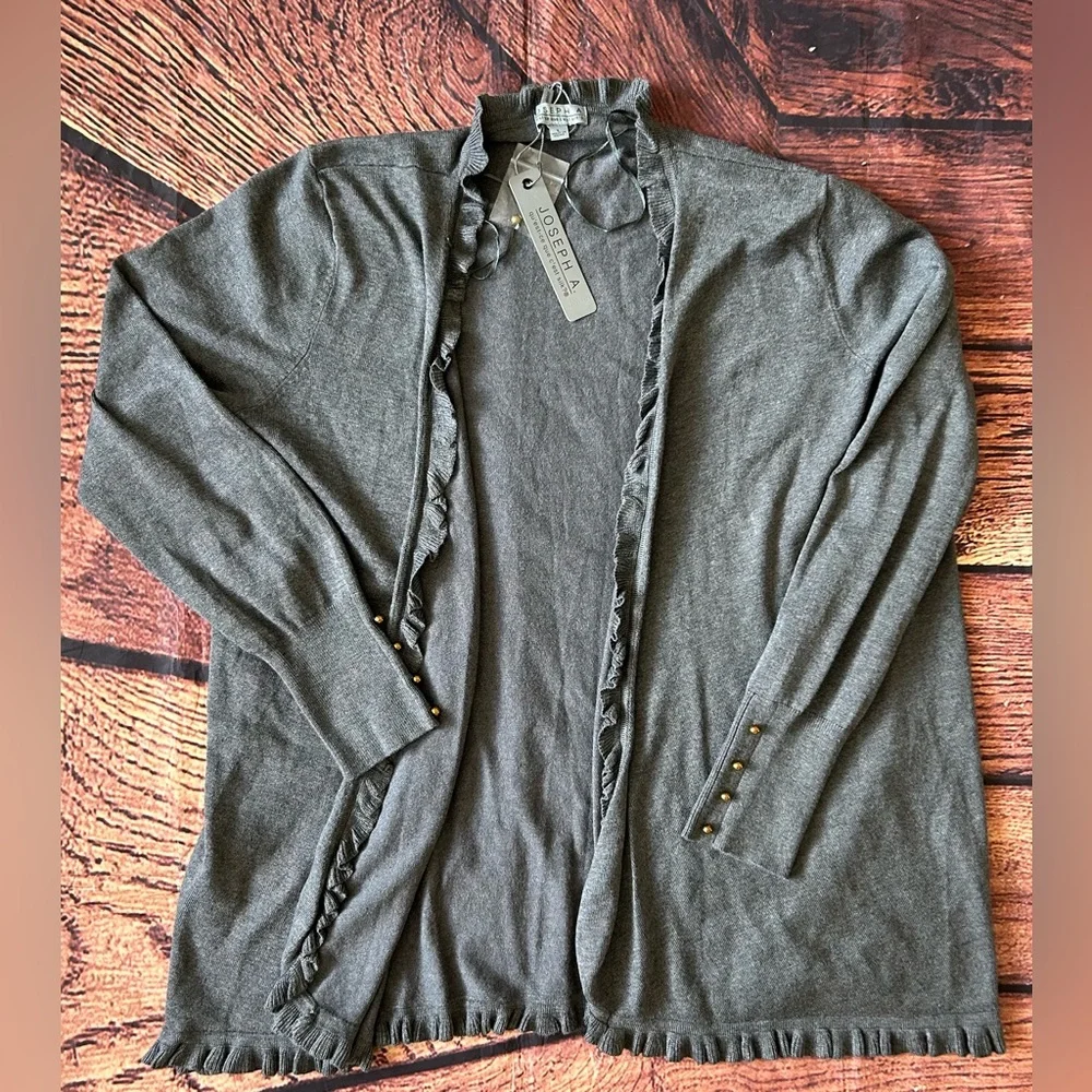JOSEPH A‎ Women Charcoal Gray Ruffle Long Sleeve Open Front Cardigan Sweater L